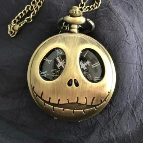 NMBC NBC Jack Skellington Bronze Tone Quartz Pocketwatch Pocket Watch NWT - Picture 1 of 4